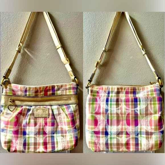 Coach Poppy Daisy Madras Signature Pastel Plaid Purse Adjustable Crossbody Bag - Picture 1 of 12